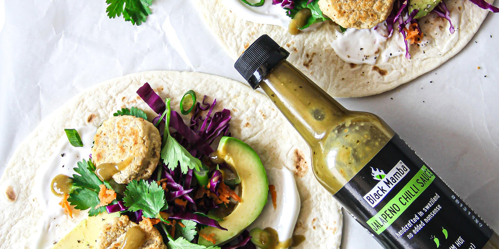 Crispy Fish Taco with Black Mamba Jalapeño Chilli Sauce